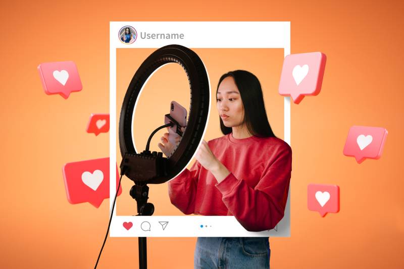 an influencer standing next to a ring light in an Instagram feed window