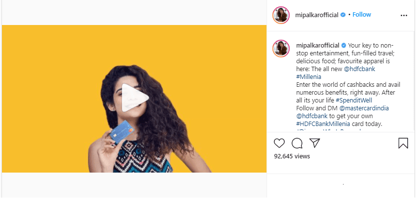 a screenshot of Instagram influencer, Mithila Palkar's video promoting a product along with its caption