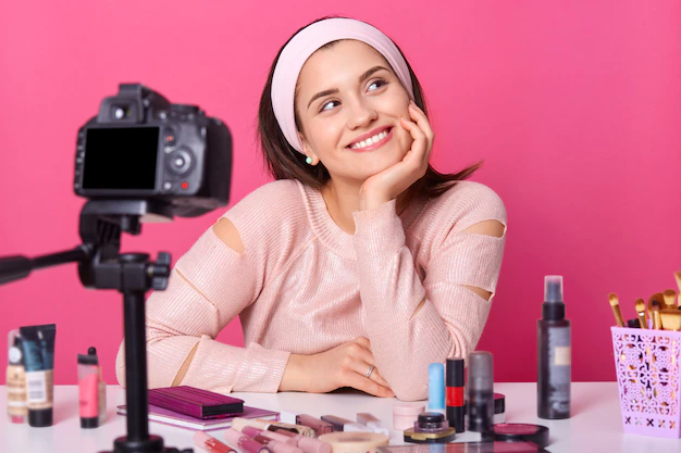 Rising cosmetic influencer dreaming about her success in front of a camera through YouTube shorts videos