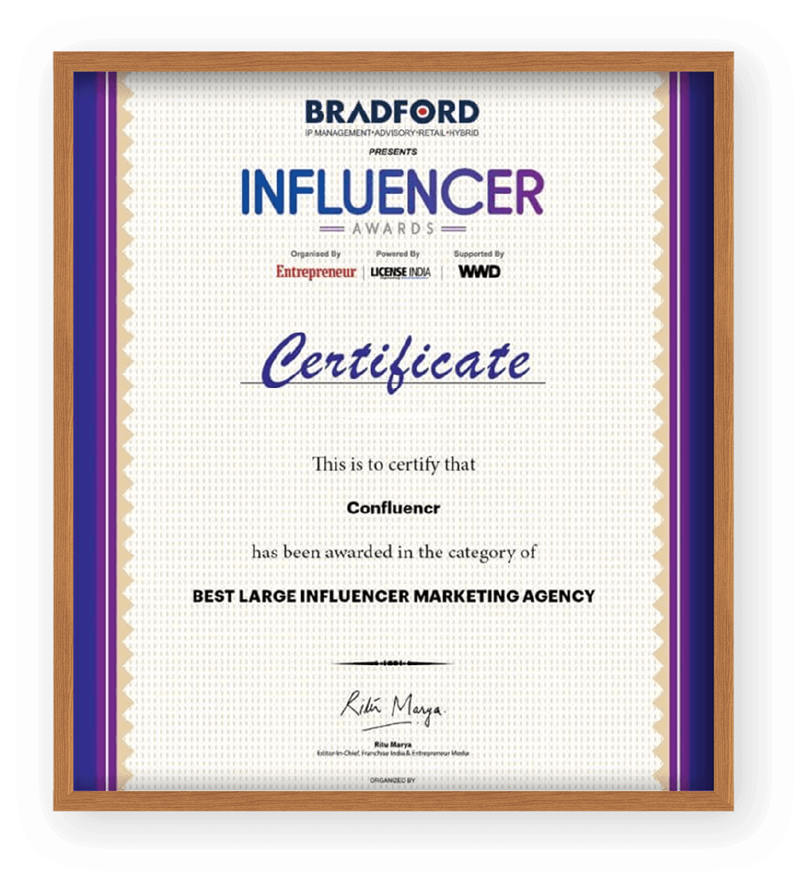 Award for Best Large Influencer Marketing Agency by Entrepreneur India